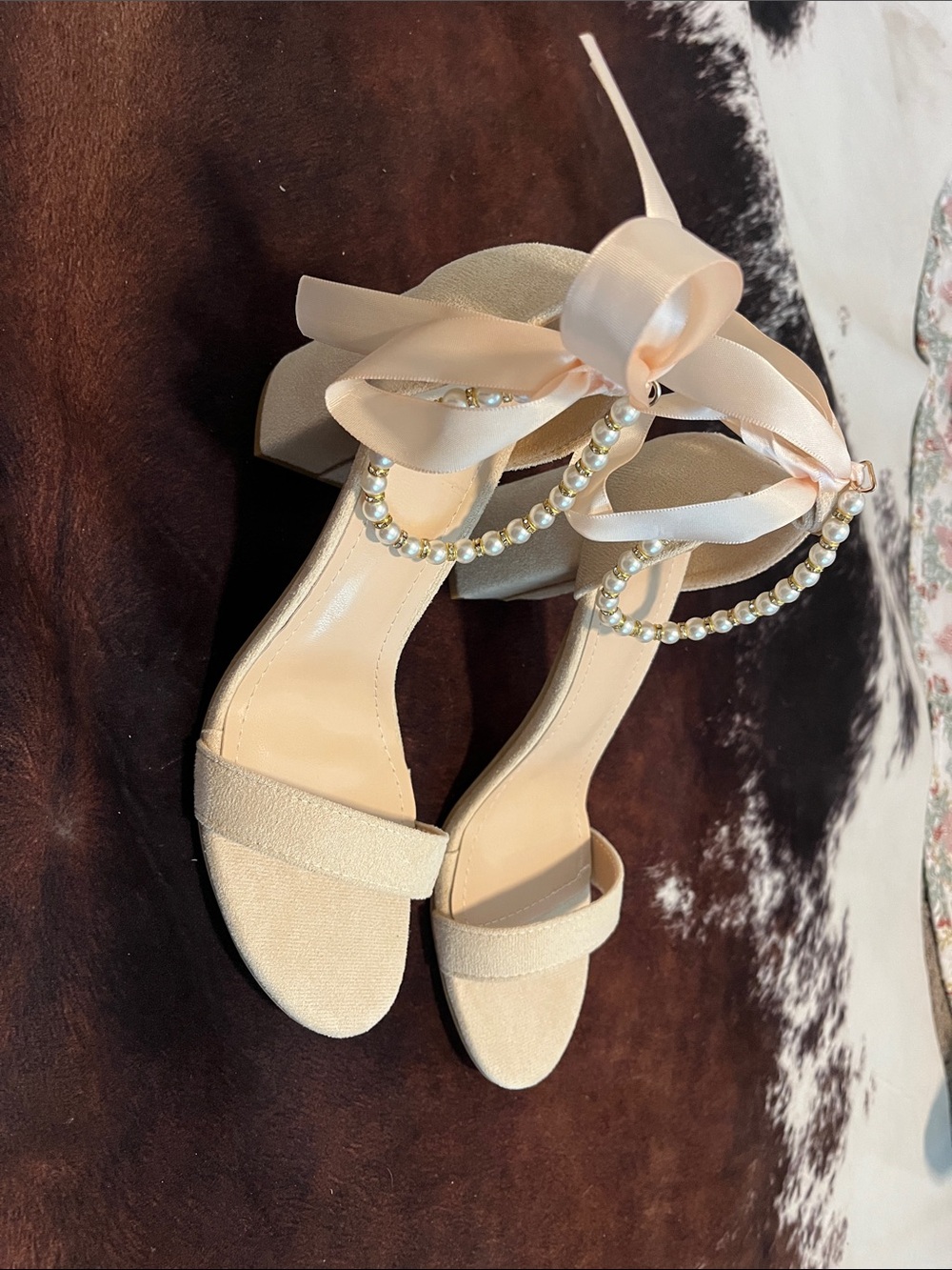 Pearl-Accented Cream Ankle-Tie Heeled Sandals